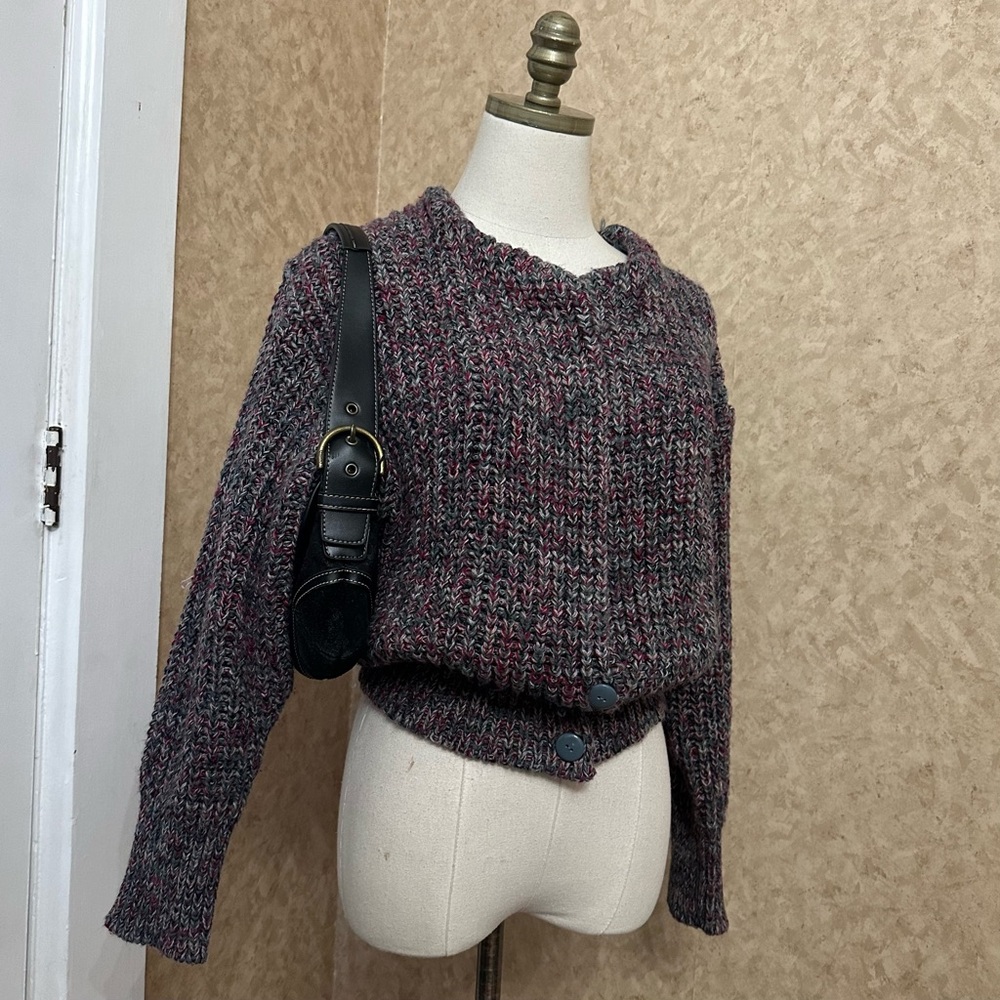 VTG 80s Chunky Knit Multicolor Double Lined Knit Unique Open Front Cardigan - Picture 4 of 10